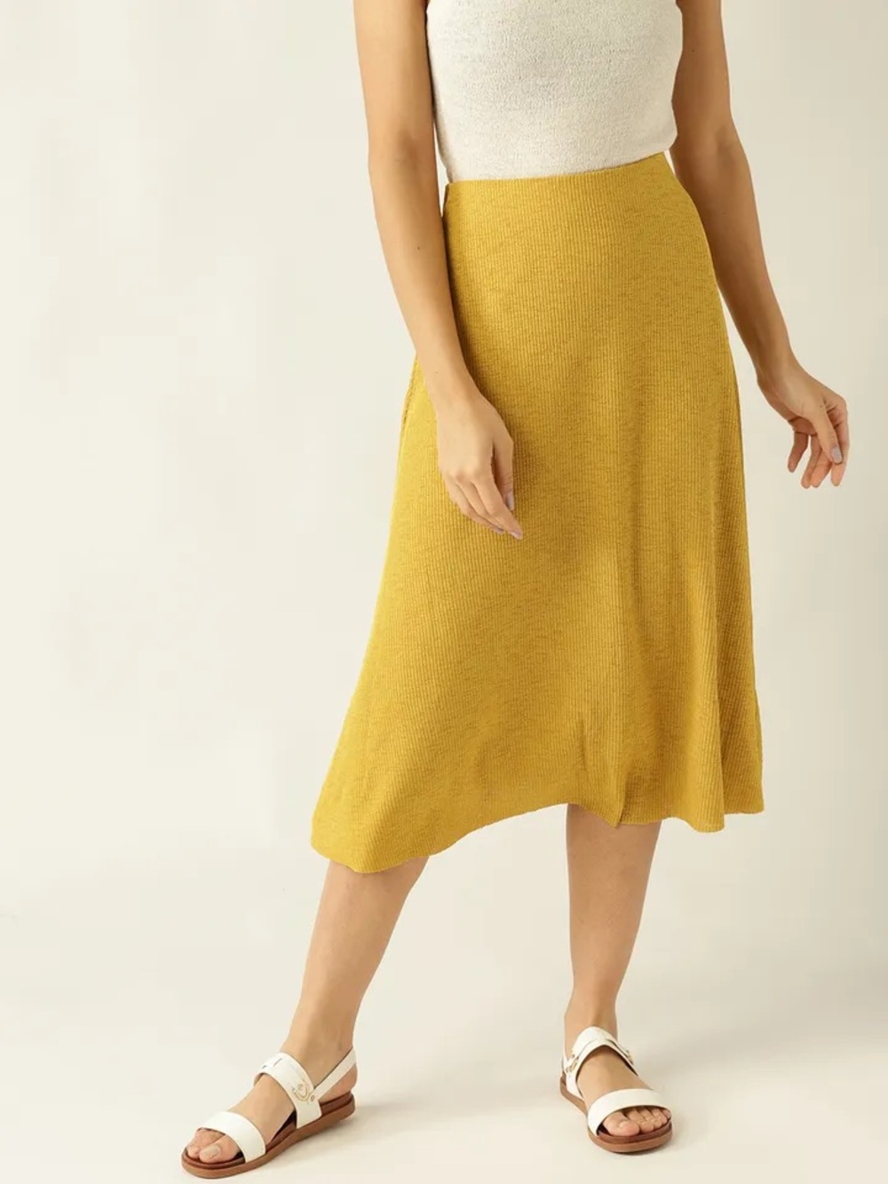 MNG Mango Mustard Yellow Knit Midi Skirt Extra Small